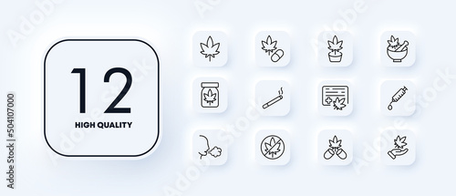 Drugs set icon. Smoking, injection, cultivation, prohibition and legalization of drugs. Bad habits concept. Neomorphism style. Vector line icon for Business and Advertising