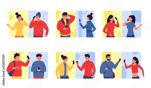 Phone conversation. Cartoon people communicating on phone, men and women talking via smartphones. Vector set