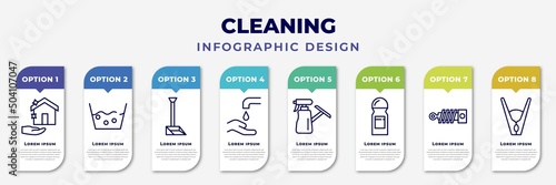 infographic template with icons and 8 options or steps. infographic for cleaning concept. included clean-living, wash, dust pan, hand wash, glass cleaner, deodorizer, suspension, clothes peg