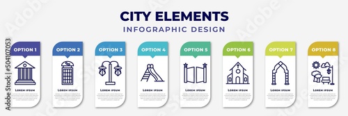 infographic template with icons and 8 options or steps. infographic for city elements concept. included government buildings, phone booth, street light, slide, gate, church, arch, park editable