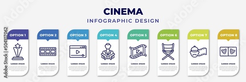 infographic template with icons and 8 options or steps. infographic for cinema concept. included film award, film, online movie, hitman, video clip, film director, producer, prompt box editable