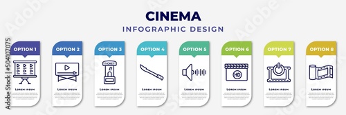 infographic template with icons and 8 options or steps. infographic for cinema concept. included storyboard, movie player, ticket window, hete, sound effect, movie film, turn on, negative film