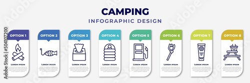 infographic template with icons and 8 options or steps. infographic for camping concept. included campfire, fishing, tissue, sleeping bag, gasoline, matches, sun lotion, camp table editable vector.