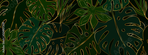 Banner filled with contour gold monstera and palm leaves. Luxurious vegetable green and gold background