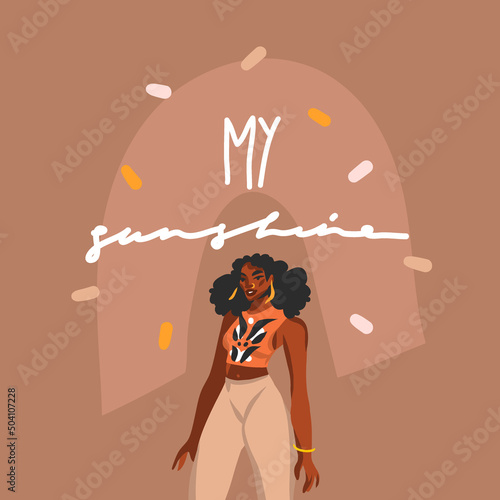 Hand drawn vector flat abstract stock graphic illustration with young happy black afro american beauty female with piercing on her face,my sunshine lettering isolated on abstract background