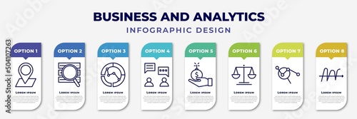 infographic template with icons and 8 options or steps. infographic for business and analytics concept. included 3d location graph, stock data analysis, merge charts, consulting, debt, legal, market