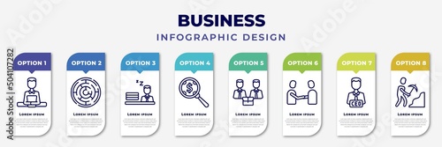 infographic template with icons and 8 options or steps. infographic for business concept. included boss reading a document, maze game, sleepy worker at work, money searcher, men couple, men shaking