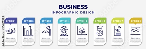 infographic template with icons and 8 options or steps. infographic for business concept. included points connected chart, column chart, man with moustach, big ferris wheel, scatter chart, dollar on