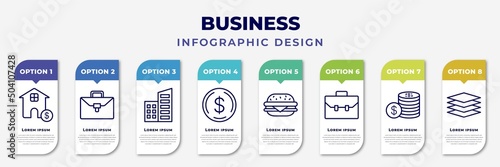infographic template with icons and 8 options or steps. infographic for business concept. included mortgage loan, briefcase, corporation, dollar currency, basic burger, rectangular briefcase, stacks