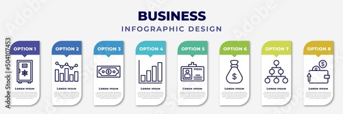 infographic template with icons and 8 options or steps. infographic for business concept. included big safe, graphs, dollar bills, bar diagram, journalist id card, money sack, hierarchical order,