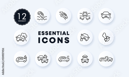 Accident set icon. Descent, accident, serpentine, fire, collision, etc. Traffic rules concept. Neomorphism style. Vector line icon for Business and Advertising