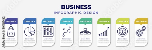 infographic template with icons and 8 options or steps. infographic for business concept. included supermarket bag, pie chart statistics, tones, tactic, hierarchy structure, graphic progression, pie