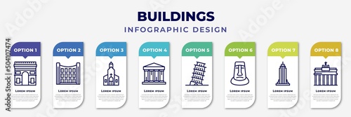 infographic template with icons and 8 options or steps. infographic for buildings concept. included arc de triomphe, uno building, chuch, greece, pisa tower, rapa nui, state building, brandenburg
