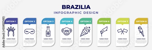 infographic template with icons and 8 options or steps. infographic for brazilia concept. included headdress, eye mask, cachaca, monkey, confetti, feathers, flags, parrot editable vector.