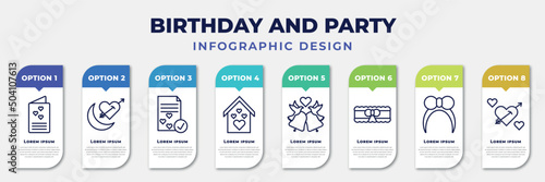 infographic template with icons and 8 options or steps. infographic for birthday and party concept. included wedding letter, honeymoon, wedding planner, love house, wedding bells, garter, headband,