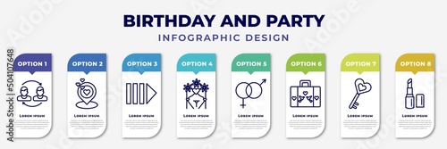 infographic template with icons and 8 options or steps. infographic for birthday and party concept. included relationship, wedding location, queue, wedding arch, genders, wedding luggage, love key,