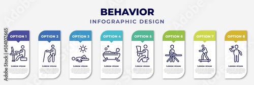 infographic template with icons and 8 options or steps. infographic for behavior concept. included man typing, blindman with cane, man sunbathing, man bathing, reading newspaper, ironing, skating,