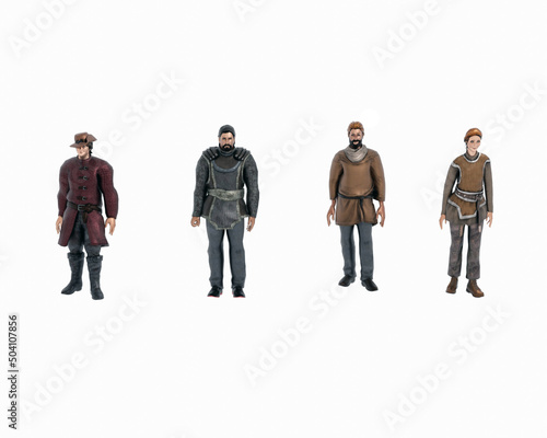 3D Illustration - Set of four adventure characters, three male, one female. Middle Ages.