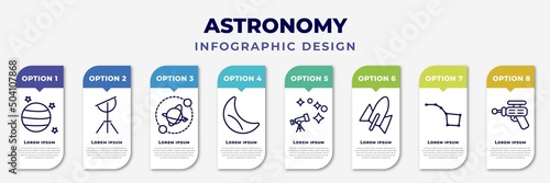 infographic template with icons and 8 options or steps. infographic for astronomy concept. included uranus with satellite, dioptra, planets, half moon, astronomy, rocket start, ursa major, space gun