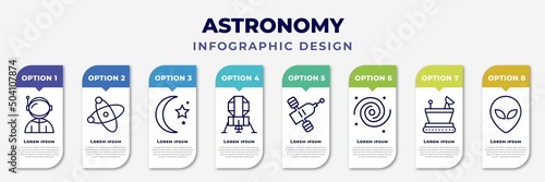 infographic template with icons and 8 options or steps. infographic for astronomy concept. included spaceman, galaxy view, crescent moon, lander, inclined satellite, nebula, moonwalker,