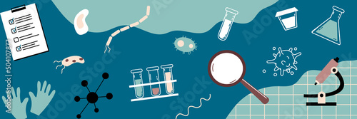 Banner with objects of laboratory tests and medical equipment. Microscope, test tubes, bacteria. Study and analysis of viruses and diseases. Vector background