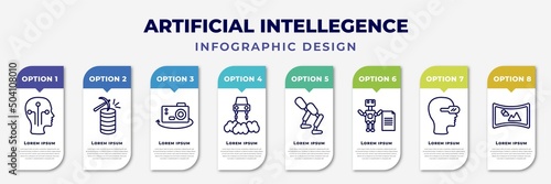 infographic template with icons and 8 options or steps. infographic for artificial intellegence concept. included humanoid, data mining, ar camera, hover transport, prosthesis, laws of robotics,