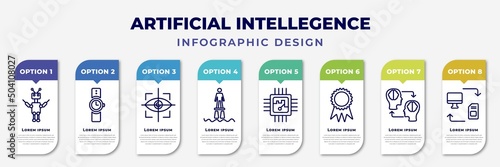 infographic template with icons and 8 options or steps. infographic for artificial intellegence concept. included exoskeleton, wristwatch, eye tracking, flyboard, chip, recognition, mind transfer,