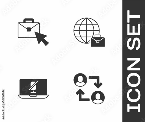 Set Project team base, Online working, Mute microphone on laptop and icon. Vector