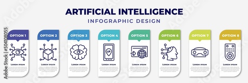 infographic template with icons and 8 options or steps. infographic for artificial intelligence concept. included eye tap, 3d, rearview mirror, ip, visit, availability, stereoscope, remote control