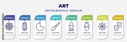 infographic template with icons and 8 options or steps. infographic for art concept. included islamic art, cylindrical lamp, timelapse, painting brush, sculpture bust, ceramic vase, japanese