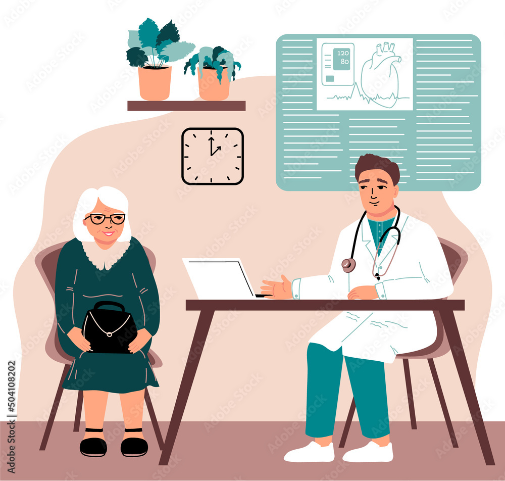 Elderly woman at a doctor's appointment.  Modern clinic. Doctor cardiologist consultation. Diagnosis of the disease. Vector illustration