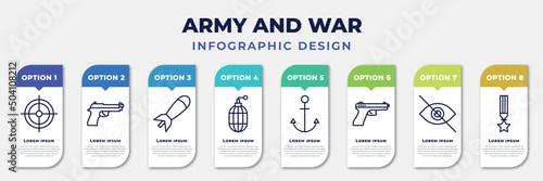 infographic template with icons and 8 options or steps. infographic for army and war concept. included gun shooting, pistol, airplane bomb, whizbang with rong, naval, , stealth, militaty medal