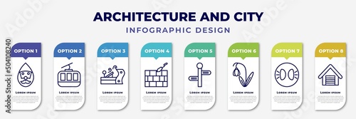 infographic template with icons and 8 options or steps. infographic for architecture and city concept. included gnome, cabl, wood plane, foundation, street, snowdrop, parking lights, garage door photo