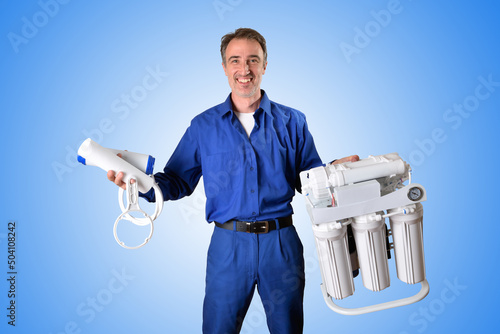 Technician smiling with osmosis equipment and isolated background photo