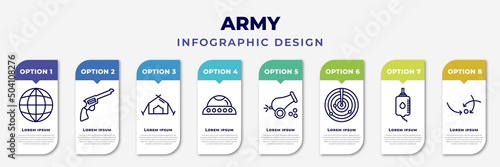 infographic template with icons and 8 options or steps. infographic for army concept. included planet grid circular, revolver, tent, ovni military transport, cannon, radar, blood transfusion,