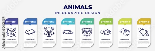 infographic template with icons and 8 options or steps. infographic for animals concept. included cat, mole, wolf, crocodile, panda bear, clown fish, angler, platypus editable vector.