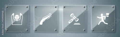 Set Murder, Judge gavel, Police shotgun and Thief surrendering hands up. Square glass panels. Vector