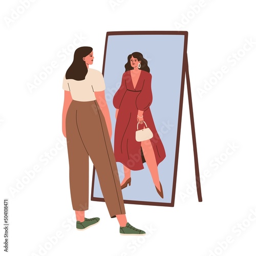 Woman looking at mirror reflection with different outfit. Makeover, changing image concept. Girl taking on dress in digital fitting room. Flat graphic vector illustration isolated on white background