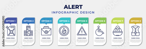 infographic template with icons and 8 options or steps. infographic for alert concept. included jerrycan, police station, kit, fire button, caution, handicap, firefighter helmet, life vest editable