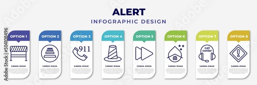 infographic template with icons and 8 options or steps. infographic for alert concept. included road blockade, zebra crossing, 911, bollard, ahead, water hose, call center, emergency editable