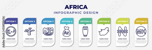 infographic template with icons and 8 options or steps. infographic for africa concept. included aerian dinar, marula, waterfall, malagasy ariary, conga, south africa, nigerian naira, malawian