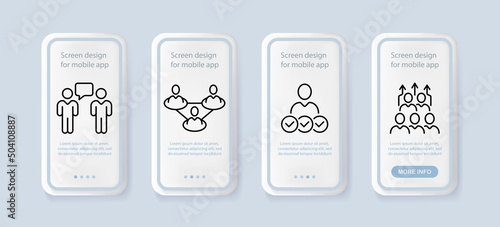 Society set icon. Communication, learning, friendship, relationships, team building, teamwork, project work. Infographic concept. UI phone app screens with people. Vector line icon for Business