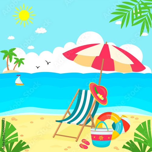 Summer chair, umbrella,bag,rubber ring,ball and hat on the beach