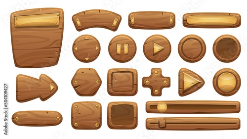 Wooden interface panel. 2D game cartoon wood buttons and menu UI elements, empty signboard and banner. Vector game asset isolated collection
