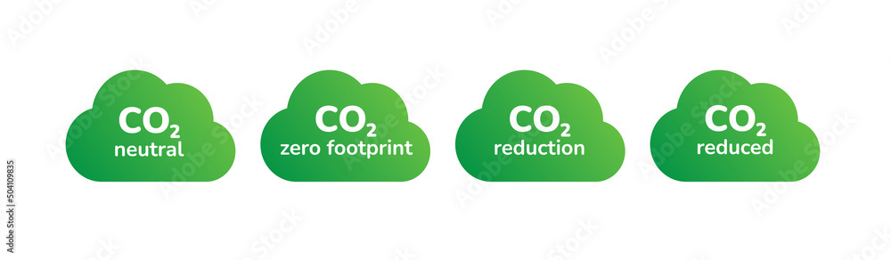 CO2 emission reduction icon set. Green cloud shape gradient signs of zero carbon footprint, CO2 neutral, CO2 reduced package design element. Stop global warming, greenhouse effect gas. Flat vector. CO2 emission reduction icon set. Green cloud shape gradient signs of zero carbon footprint, CO2 neutral, CO2 reduced package design element. Stop global warming, greenhouse effect gas. Flat vector.