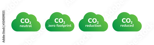 CO2 emission reduction icon set. Green cloud shape gradient signs of zero carbon footprint, CO2 neutral, CO2 reduced package design element. Stop global warming, greenhouse effect gas. Flat vector.