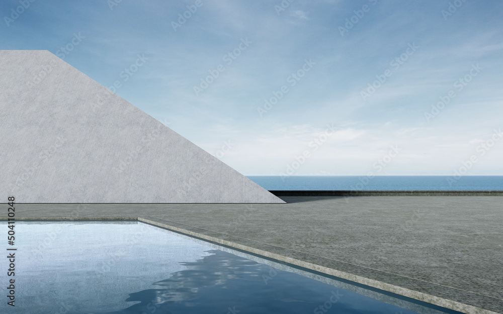 Empty concrete floor for car park with pool. 3d rendering of abstract building with sea and blue sky background.