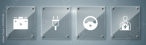 Set Car mechanic, Voltmeter, Electric plug and battery. Square glass panels. Vector