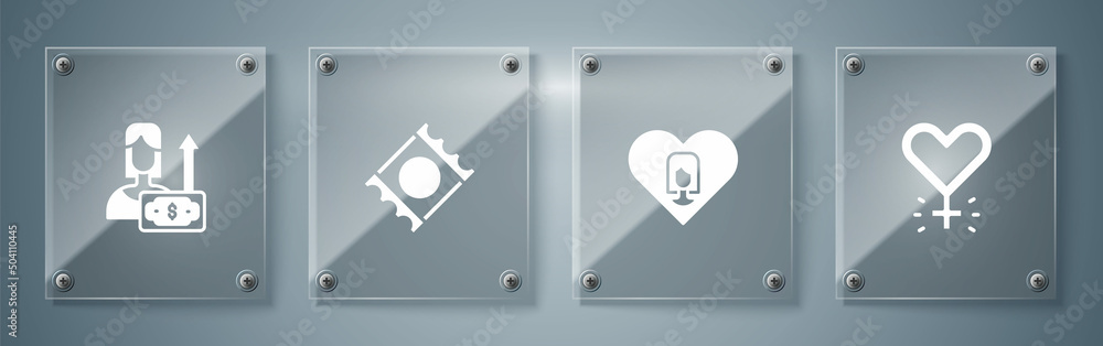 Set Feminism, Heart with female, Condom package and Money growth woman. Square glass panels. Vector Set Feminism, Heart with female, Condom package and Money growth woman. Square glass panels. Vector
