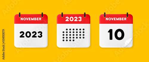 Calendar set icon. Calendar on a yellow background with ten november, 2022, 10 number text. Reminder. Date menegement concept. Vector line icon for Business and Advertising